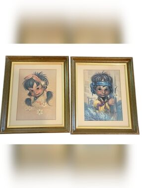 Vintage Native American Children Art Prints Framed Set 2